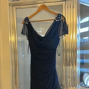 Betsy & Adam Blue Ruched Cowl Neck Maxi Dress